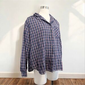 Vintage Laura Mae Blue Plaid Button Down Shirt Large Western Checkered